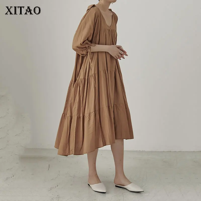 [XITAO] Korea Fashion New Women 2019 Summer V-neck Half Sleeve Solid Color Dress Female Pleated Mid-calf ZLL3746 | Женская одежда