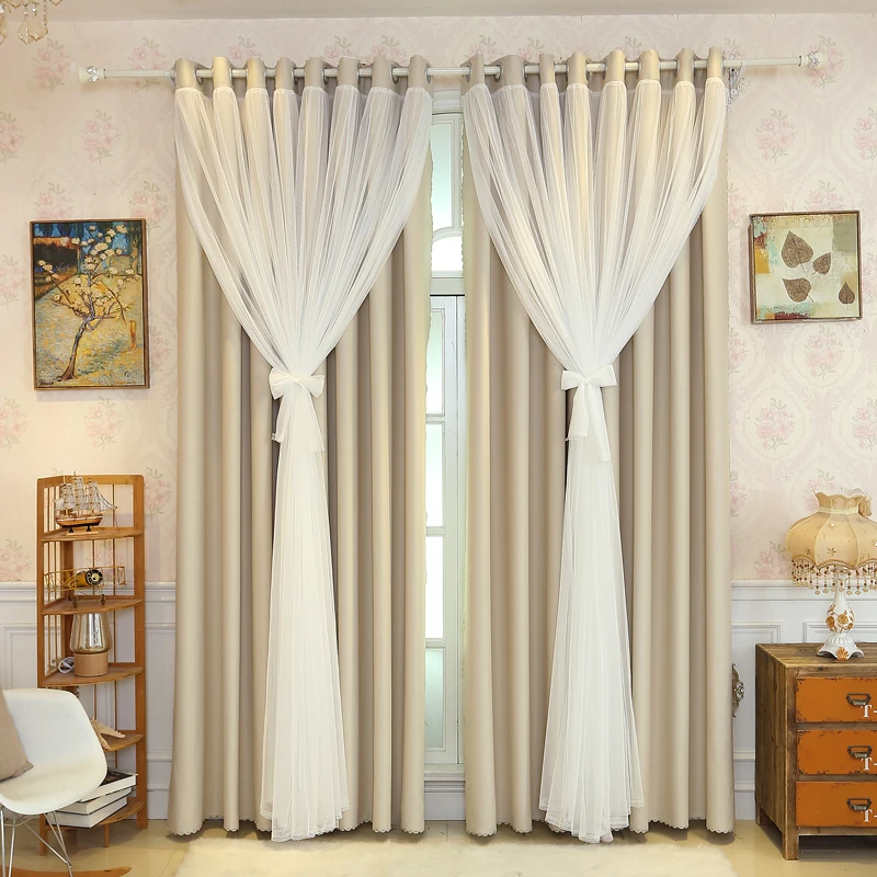 Senisaihon Korean Lace Curtains Shading Fabric + Tulle Double Layer ...