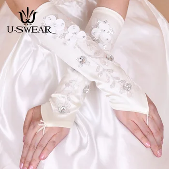 

New Arrival Women Wedding Gloves Flora Embroidery Crystal Sequin Beaded Fingerless Wedding Gloves Ivory Accessories