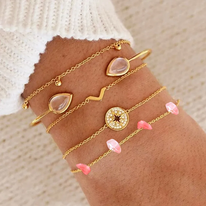 

DIEZI 5PCS/set Bohemian Compass Charm Bracelets For Women Girls Pink Crystal Gold Color Chain Bracelets Sets Jewelry Gifts