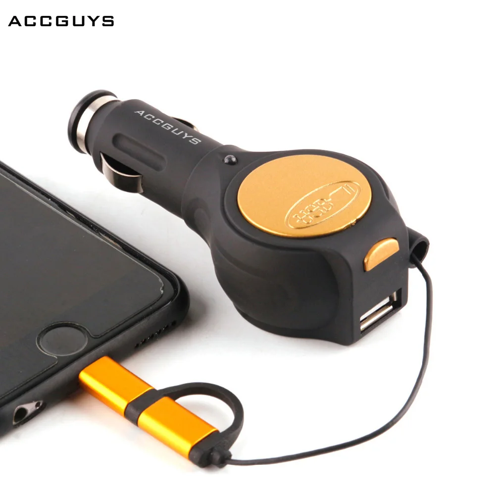 ACCGUYS USB Car Charger With Micro USB Retractable Lighting Cable Quick