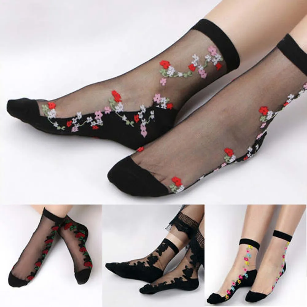 Для женщин Кристалл Кружева Стекло роза Шелковый цветок дамы короткие тонкие пикантные прозрачные носки