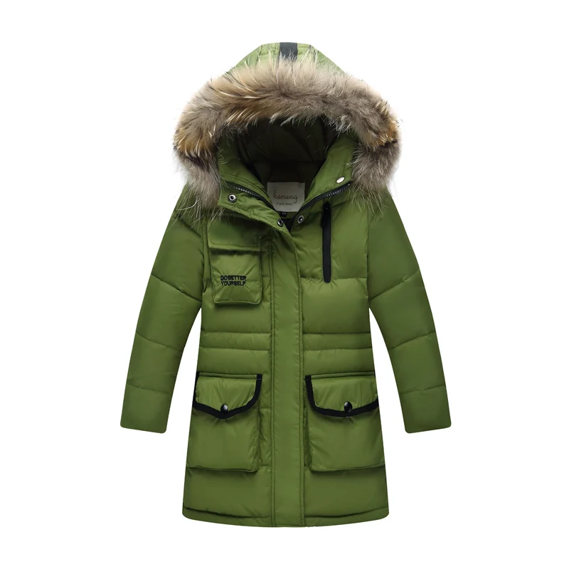 Новинка года, брендовая куртка с капюшоном для мальчиков, зимние парки с перьями для подростков, длинное пальто с меховым воротником на утином пуху для мальчиков детская одежда, От 5 до 12 лет - Цвет: Зеленый