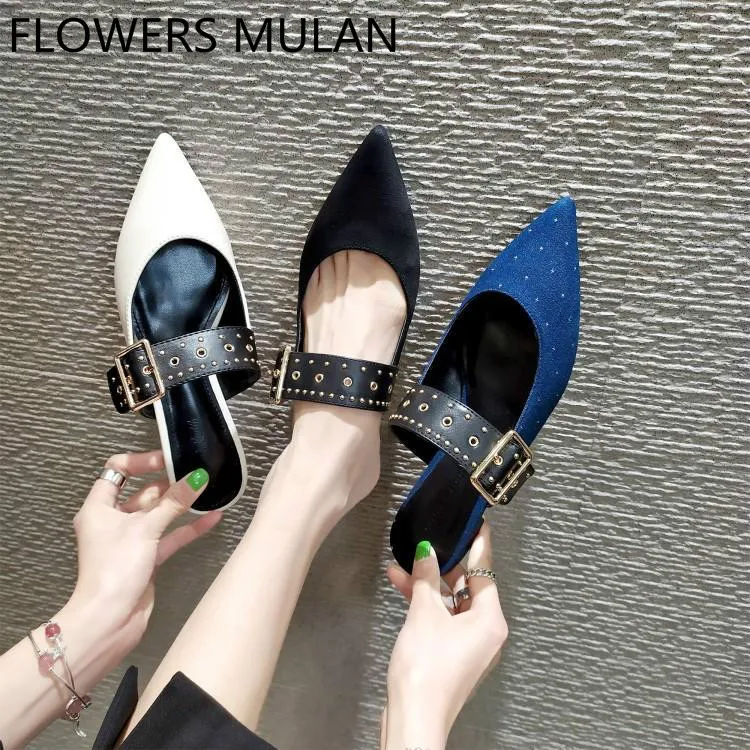 

Luxury Black White Blue Suede Women Casual Shoes Pointed Toe Slip On Female Mules One Spiked Rivets Buckle Shoes Woman Loafers