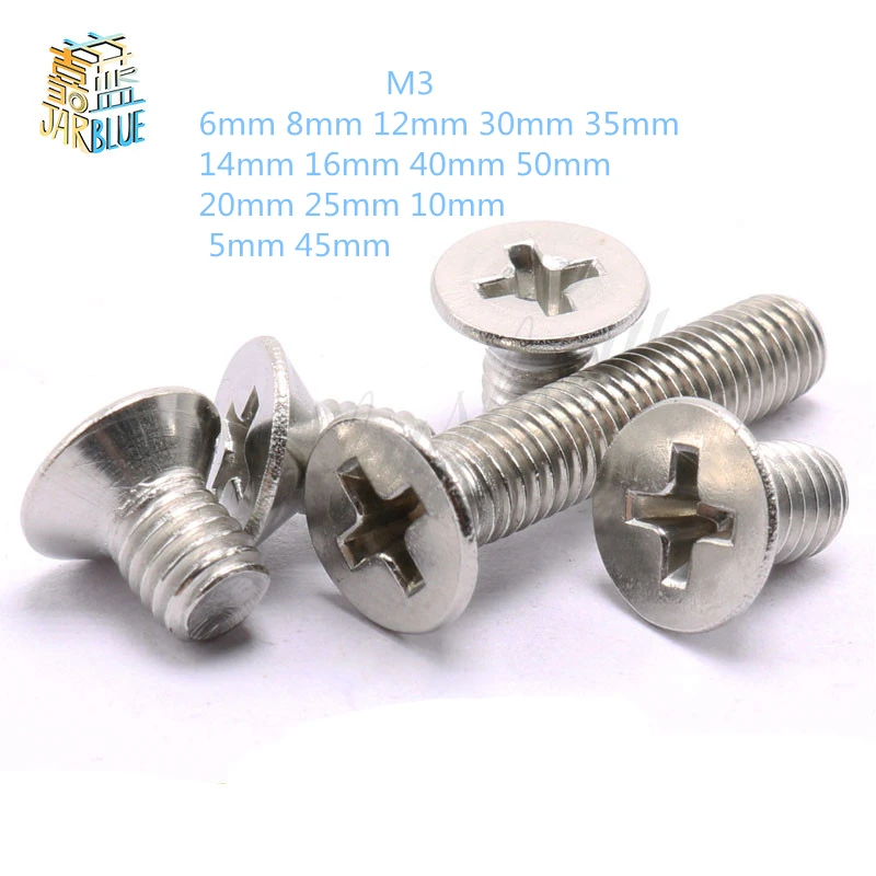

100pcs GB819 Metric Thread M3 304 Stainless Steel flat head cross Countersunk head screw m3*(5/6/8/10/12/14/16/20/25/30/35/40)