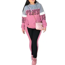 Осень зима розовый буквенный принт комплект из двух частей женский спортивный костюм размера плюс толстовка с капюшоном спортивная одежда Conjunto Feminino