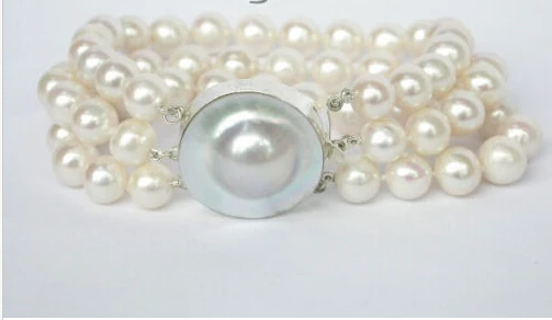 

Free shipping >>>>>>lustrous 3row 10mm round white pearl Bracelet blister 9