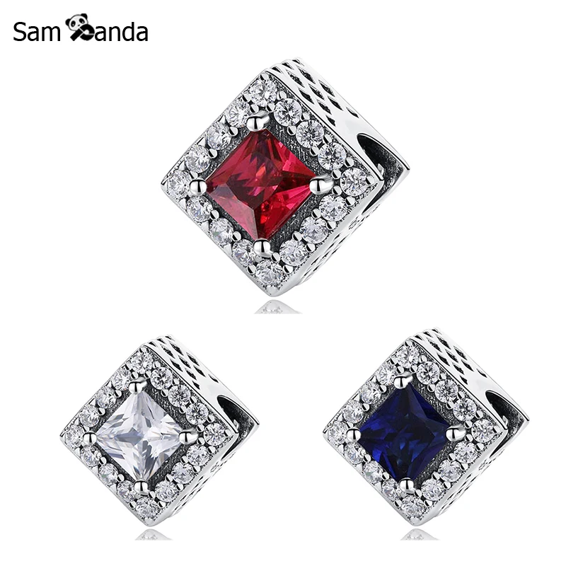 

Authentic 925 Sterling Silver Bead Geometric Radiance Clear Red Blue Golden CZ Crystal Charm Fit Pandora Bracelets DIY Jewelry