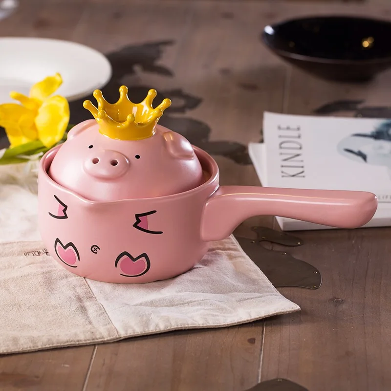 

1L Pink Cartoon Milk Single handle pot Casserole Ceramic soup pot Spodumene High temperature resistance 300x150mm