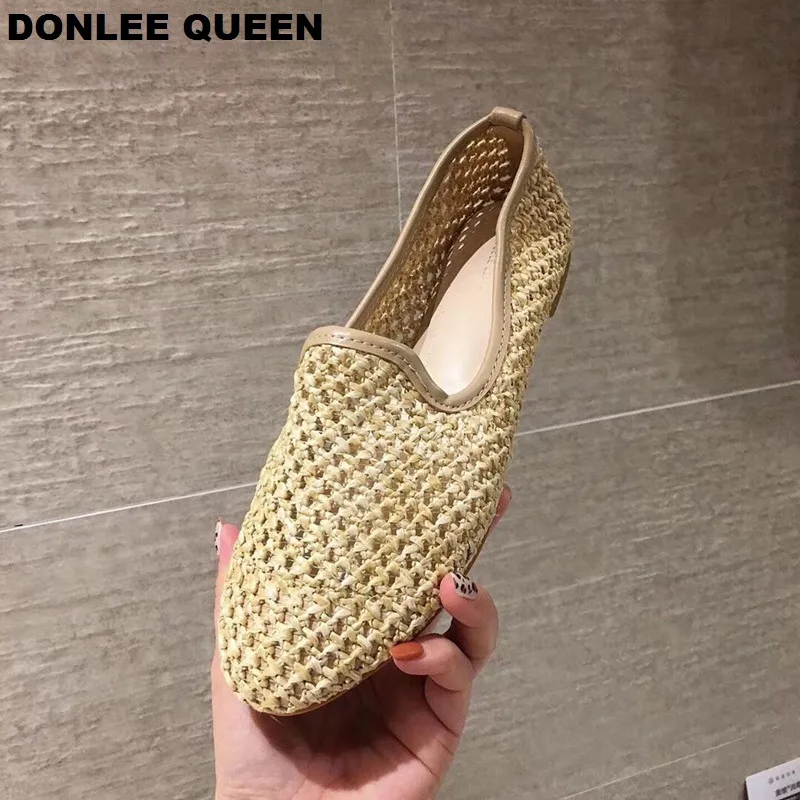 

DONLEE QUEEN Breathable Cane Loafers Shoes Women Summer Flats Round Toe Ladies Slip On Weave Sandals Female Ballet Shoe Moccasin