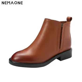 

NEMAONE Women Ankle Boots Round Toe Square Heels Chelsea Boots Genuine Leather Slip on Party Shoes size 41 42 43