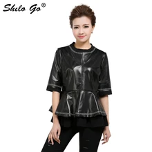 Большие размеры, модная новинка, Женская Высококачественная Белая Геометрическая линия из овечьей кожи, милая черная короткая юбка из натуральной кожи с оборками, рубашка