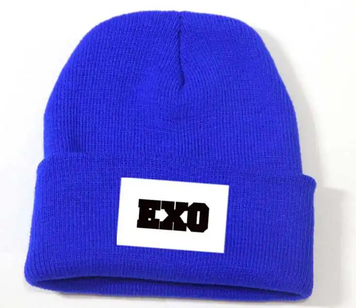 Kpop зимняя шапка exo унисекс exo planet с принтом Skullies& Beanies для женщин и мужчин gorros - Цвет: Синий