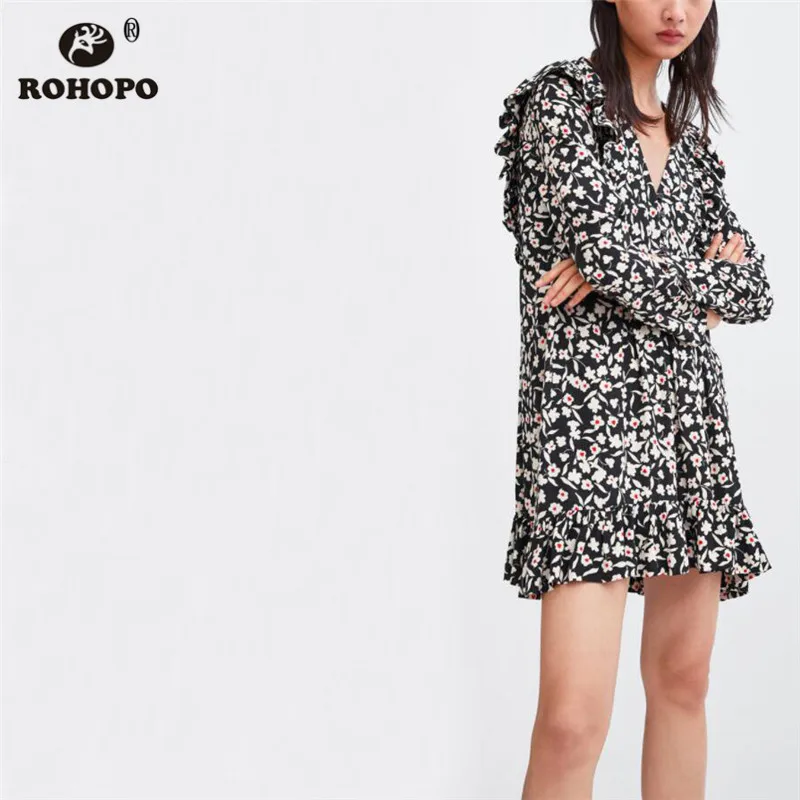 

ROHOPO Autumn Tiny Floral Full Long Sleeve Dress Flared Tunic Pleated Patchaork Short Mini Causal Black Dress #OYK8754