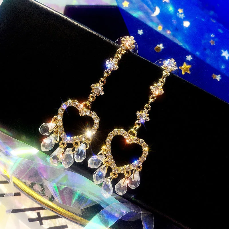 

Trendy Long Geometric Heart Crystal Drop Earrings For Women Luxury Rhinestone Bridal Hanging Earrings Wedding Earrings Jewelry