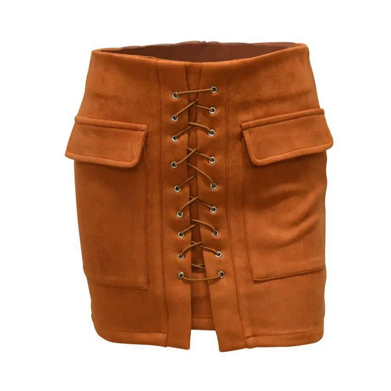 

Lady Vintage Short Skirt High Waist Women Winter Fall Bandage Suede Leather Faldas