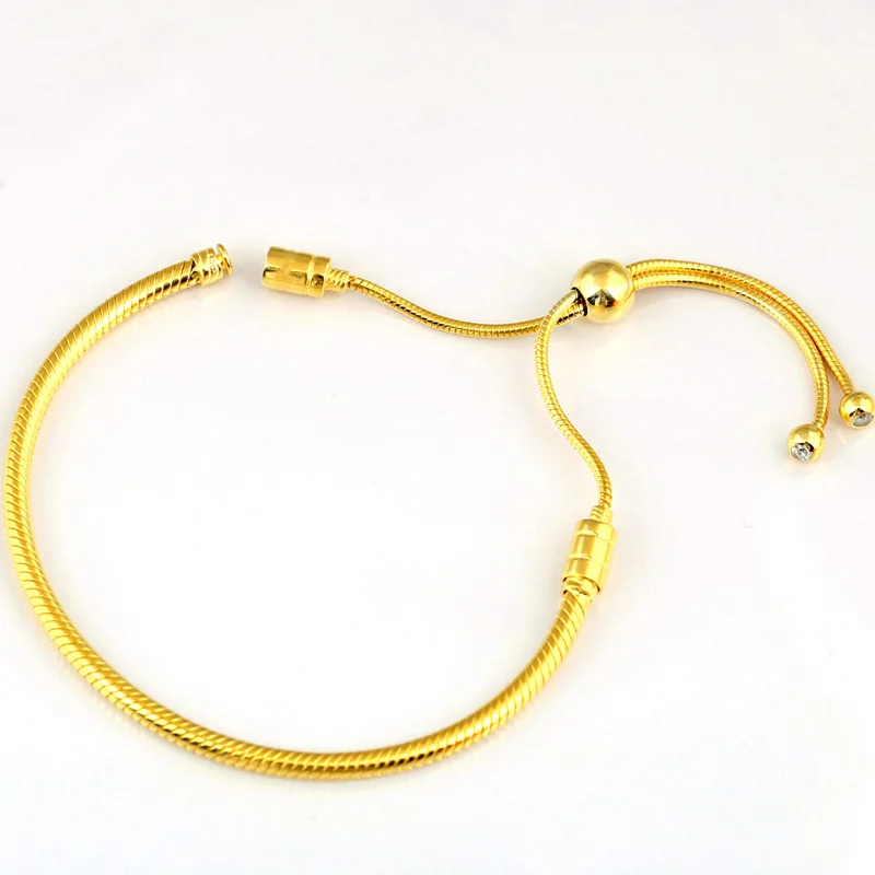 

Gold Color Moments Sliding Clasp Adjust Anklets Bracelet Fit Women Bead Charm Diy Fine Jewelry 925 Sterling Silver Bangle