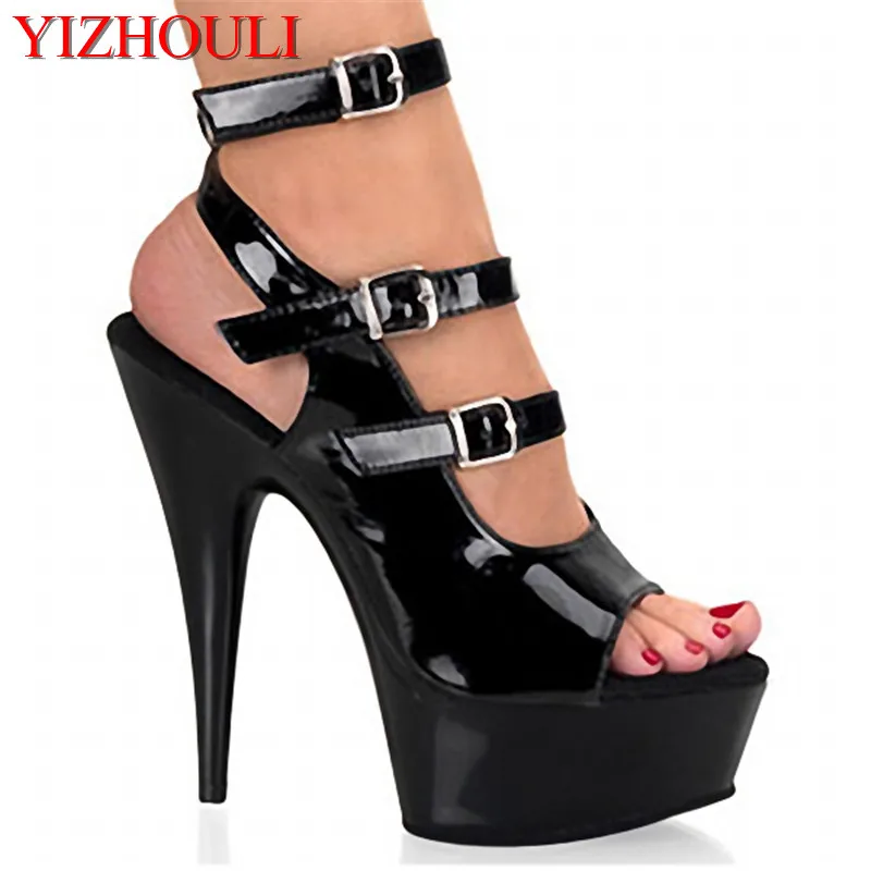 

Summertime black lacquered nude heel buckle, 15cm pole dancing sandals, 6in dancing shoes