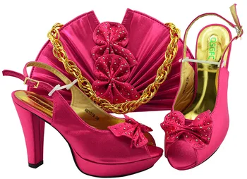 

New Arrival Fuchsia Color African Women Match Italian Shoes and Bag Set Decorated with Rhinestone Italian Ladies Shoes MM1079