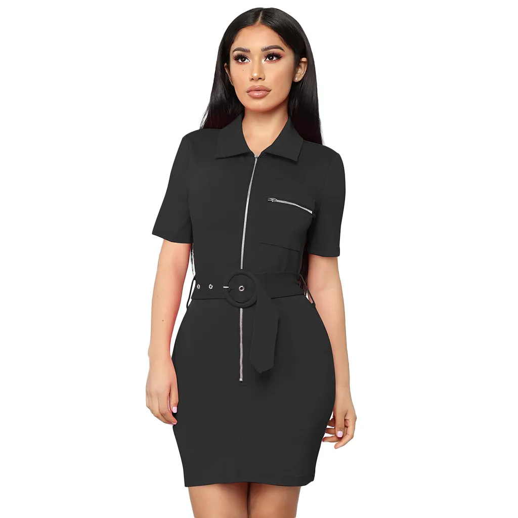 

Women Sexy Bodycon Dress Sumemr Short Sleeve Zipper Front Lapel Shirt Dress Solid Mini Dresses With Belt #BF