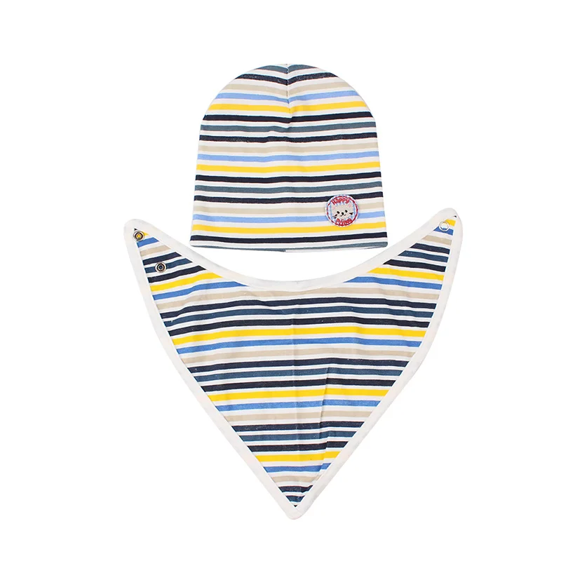 Fashion Striped Baby Hat Bib Set Cotton Infant Baby Beanie Boys Girls Tire Hat With Trangle Bibs Autumn Baby Boys Clothing (1)