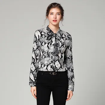 

Women Early Spring 2020 New Necktie Black White Printed Long Sleeve Chiffon Shirt Top