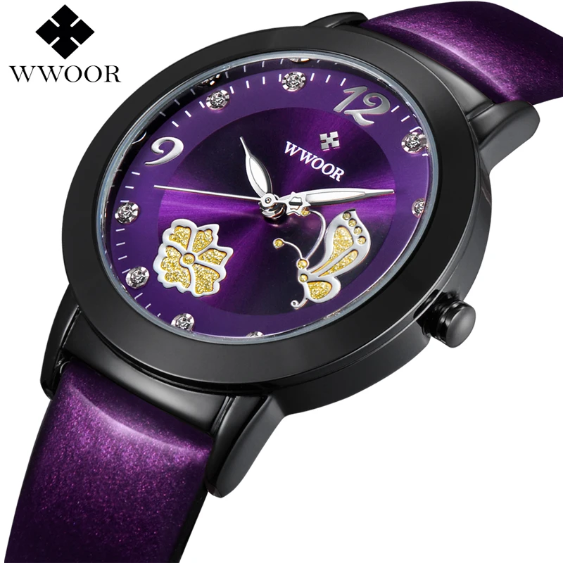 

WWOOR Brand Luxury Women Watches Flowers Butterfly Relogio Feminino Leather Clock Purple Wristwatch Ladies Quartz Watch Fashion
