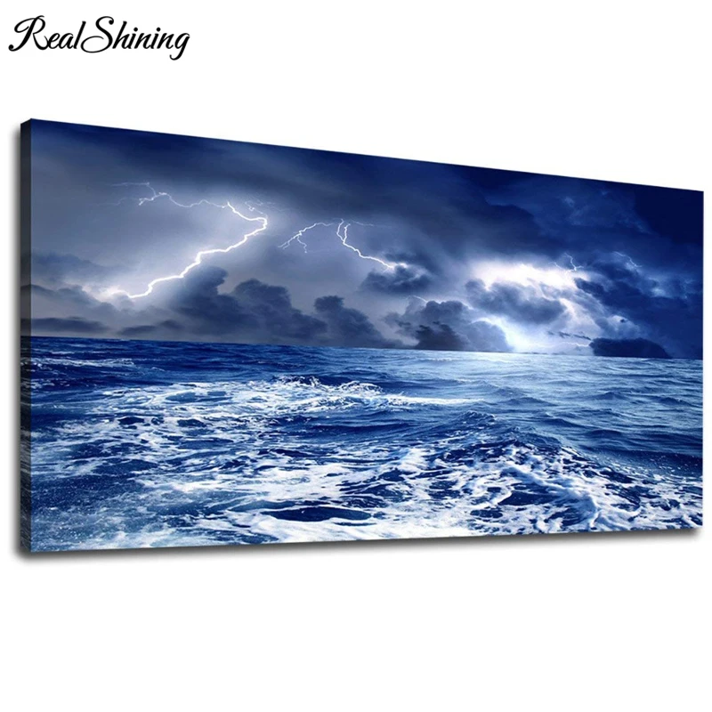 

Ocean Waves Lightning Storm Weather 5D Diy Diamond painting cross stitch kits Diamond embroidery mosaic Seascape Scenery FS4091