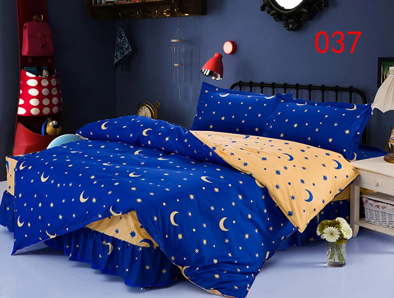 

Twin Full Queen Blue Yellow Polyester Bed Skirt 4Pcs Bedding Set Dust Ruffle Bedclothes Sets Duvet Cover Quilt Cover Pillowcase