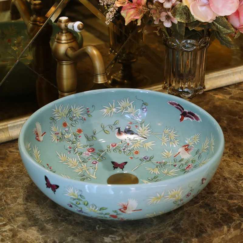 Blue Handmade Porcelain Sink Birds&Flowers Countertop Ceramic wash basin Bathroom Sink (2)