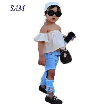 

2019 Europe and America girls clothing sets children's Strapless collar tops + Hole jeans 2 pcs suit kids fashion clothes