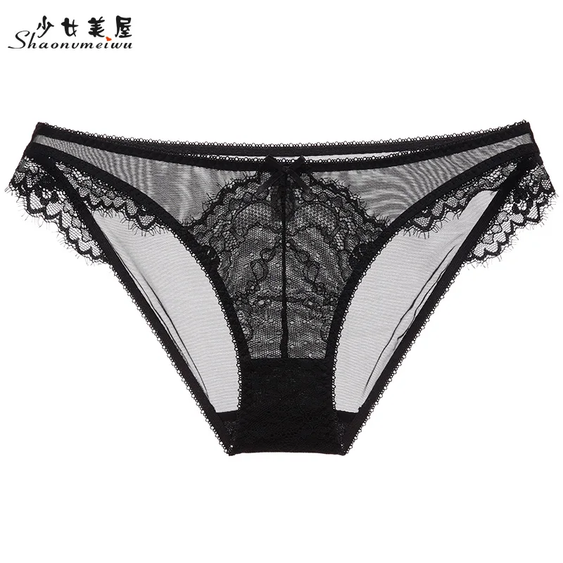 Кружевные сексуальные сетчатые прозрачные трусики-брифы, женские прозрачные брюки с низкой талией, тонкие и дышащие - Цвет: Черный