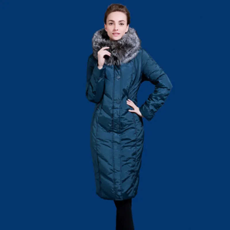Зимний пуховик для женщин, длинный дизайн, Воротник из меха серебристой лисы, пуховики, Европа и США, минус 40 градусов, теплая куртка Q704A