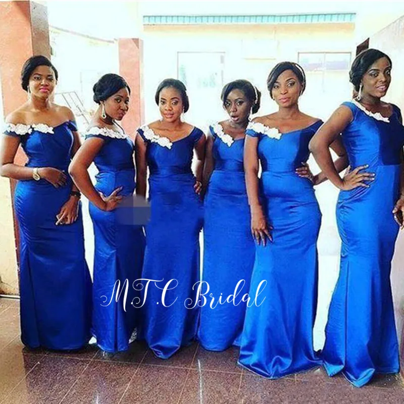 Wholesale Royal Blue African Bridesmaid Dresses White Appliques Boat Neck Floor Length Mermaid Maid Of Honor Dress Cheap