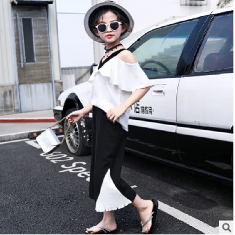 

Girls Off-the-Shoulder Clothing Set 2019 New Summer/Spring Kids Clothes Sets Children Shirt Skirt Suits 2 Piece Size4-12 ly263