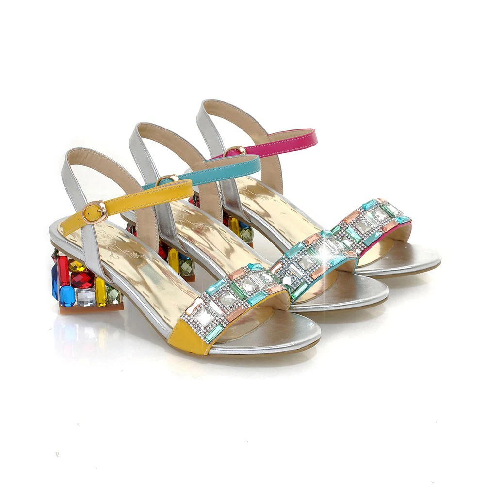 

2016 Summer New High-heeled Peep Toe A word type strap Buckle Mixed colors Rhinestone Elegant Cozy Joker Women sandals B0038