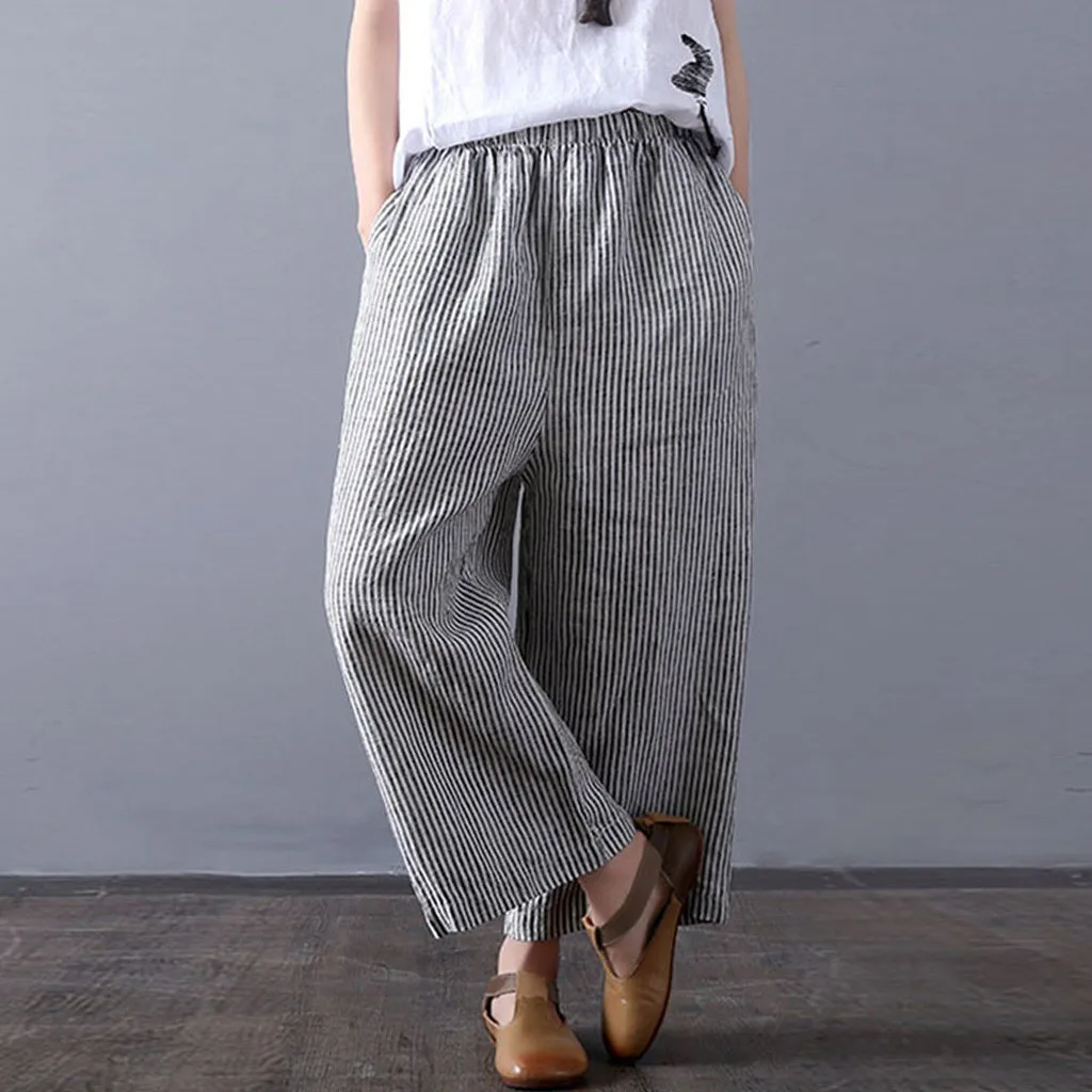 

Women Hight Waisted Pants Plue Size S-5XL Ladies Hole Linen Stripe Loose Long Wide Leg Pants Length Jeans pantalon femme 2019
