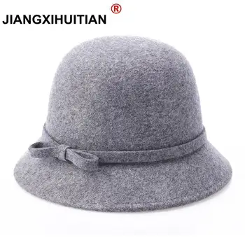 

Fall Winter Women's Fedora Caps Vintage Sun Hats For Woman Lady Wide Brim 100%Wool Felt Bowknot Hat For Women 2018 new hat