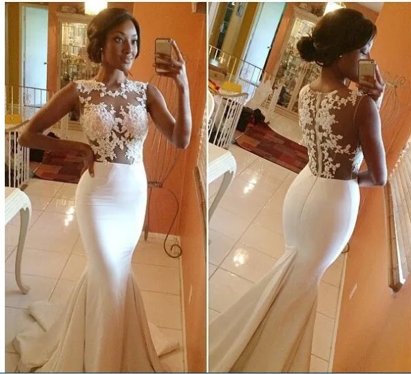 

Gorgeous White O-neck Mermaid Prom Dresses Lace Applique Illusion Back Ruffles Evening Gown Court Train vestido de festa