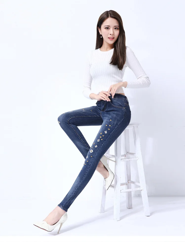 Для женщин джинсы обтягивающие, до середины талии весна-осень сексуальные брюки карандаш женские узкие джинсы 812