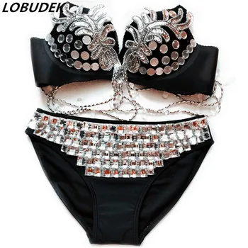 

Silvery Crystals Beading Bikini Bra Sexy Nightclub Stage Outfit Women DJ DS Costume Models Catwalk Auto Show Performance Clothes