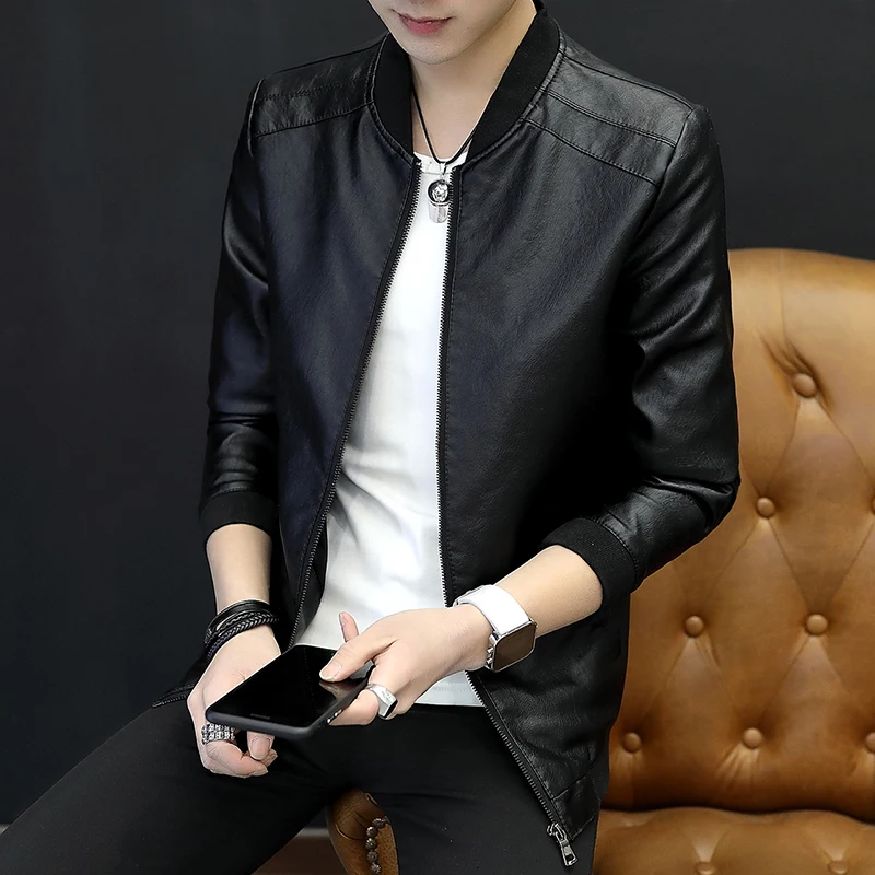 Узор красивый Молодежный локомотив корейский самовыращивание pu кожаная куртка Свободное пальто одежда черный jaket мужчины - Цвет: black