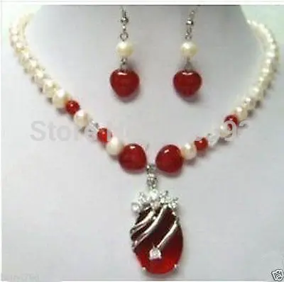 

free shipping Wholesale****Charming pearl Red fine stone necklace earring Set
