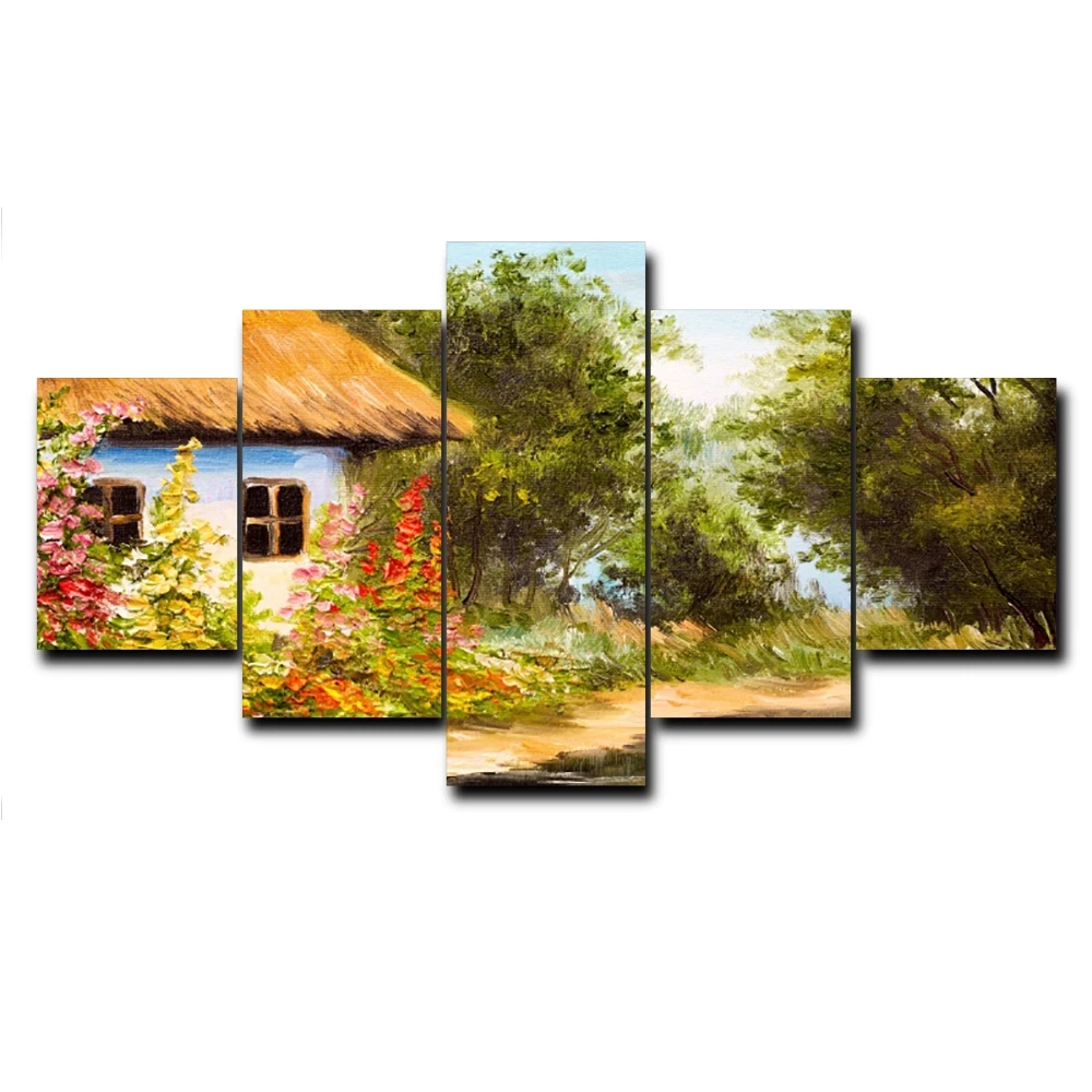 Best Laeacco Rural Cottages Scenery 5 Pieces Set Art Oils Painting Canvas Fabric Prints For Bed Living Room Wall Home Decor Photo