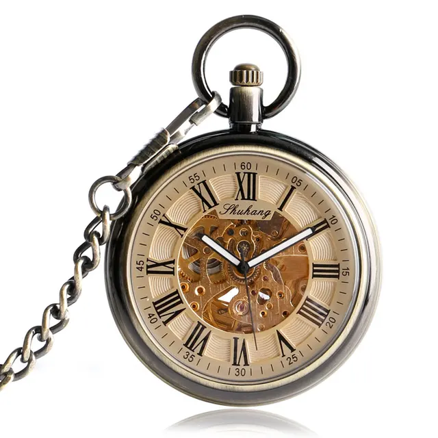 SHUHANG Exquisite Open Face Roman Numbers Transparent Pocket Watch Mechanical Au SHUHANG Exquisite Open Face Roman Numbers Transparent Pocket Watch Mechanical Au