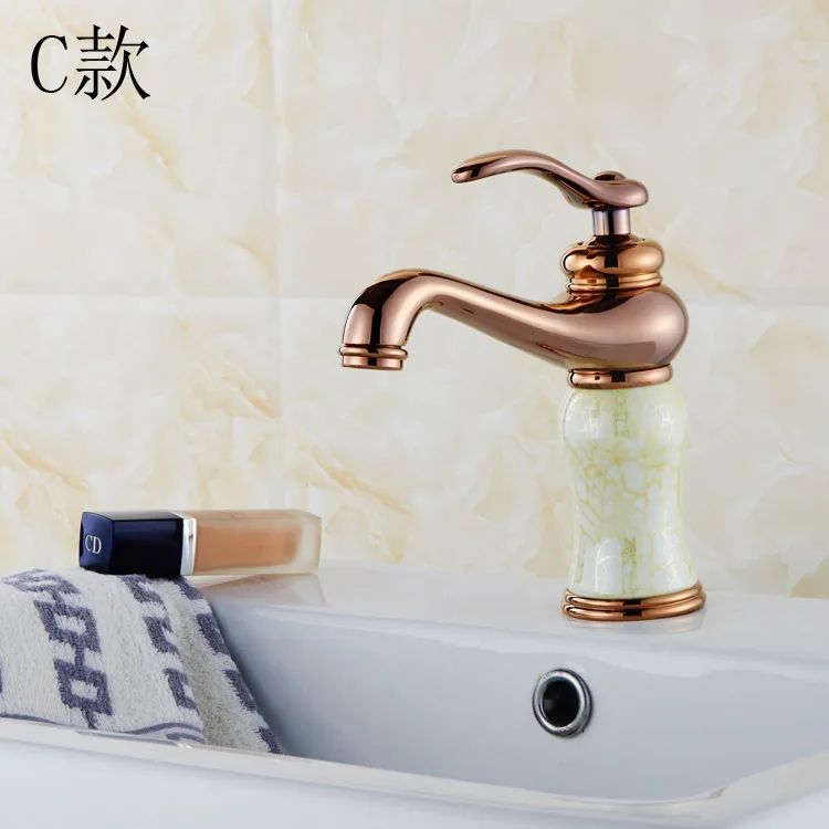 

Free shipping Rose golden bathroom basin faucet with jade stone bathroom basin faucet of hot cold basin sink mixer