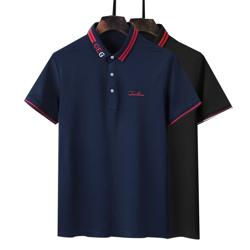 

Slim-fit polo shirt in luxury 100% Mercerized Cotton colorblocking M- XXXL Black polo men with tipped collar in dark blue
