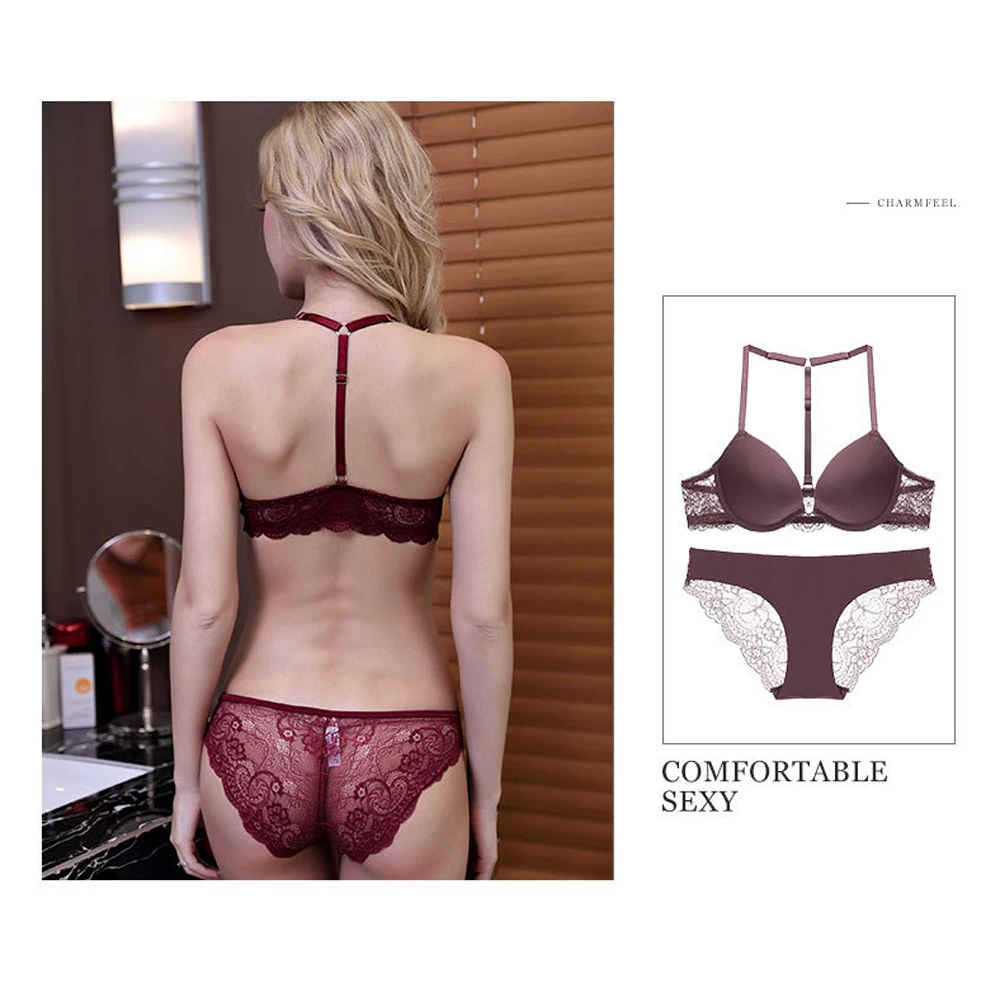 Buy 1 Get 1 Gift Robe Front Closure Bra Set Sexy Y-line Straps Push Up Bra Underwear Women Bra Panties Lingerie T-shape Back