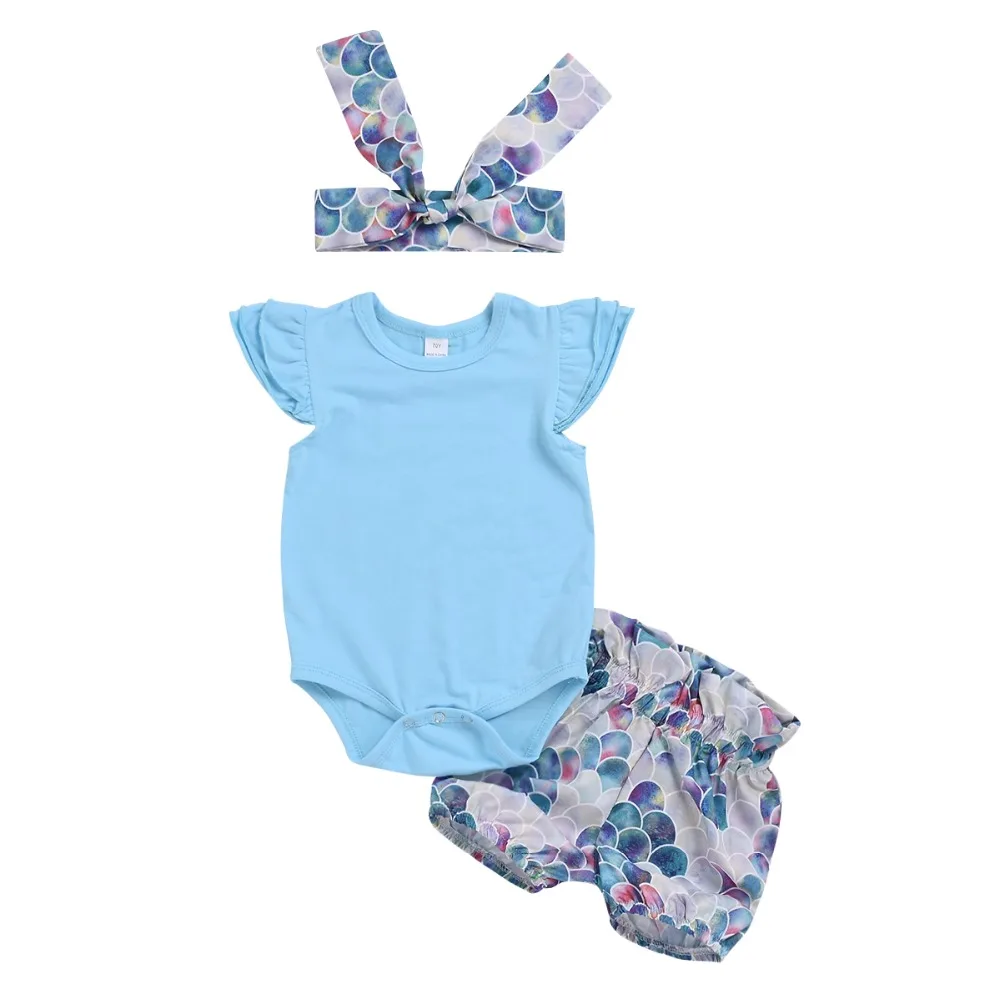 Summer Newborn Naby Clothes 3pcs Blue Pink Romper Flowers Printed Short Pants Headband Kids