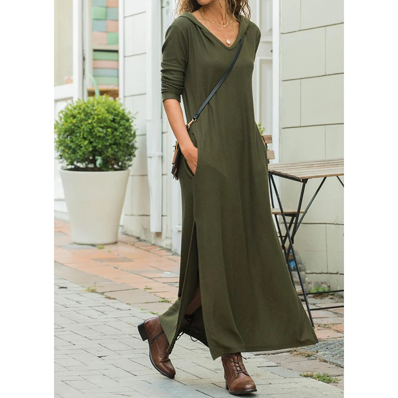 

Spring Autumn Sweatshirt Long-sleeved Dress 2019 Woman Clothing Hooded Collar Pocket Design Knit Dress